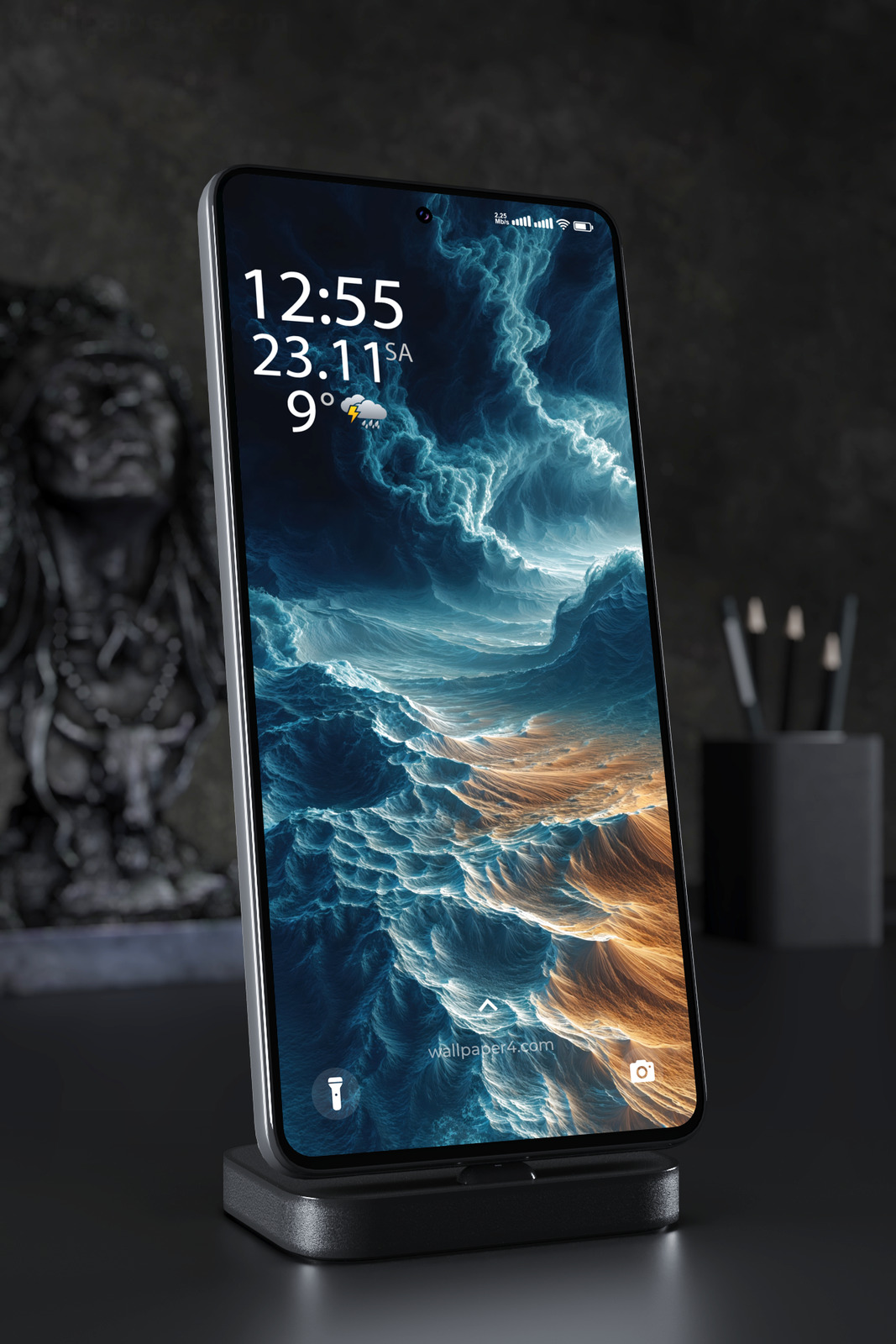 Mobile Wallpaper 5125 - Golden Desert Beneath a Cosmic Blue Storm