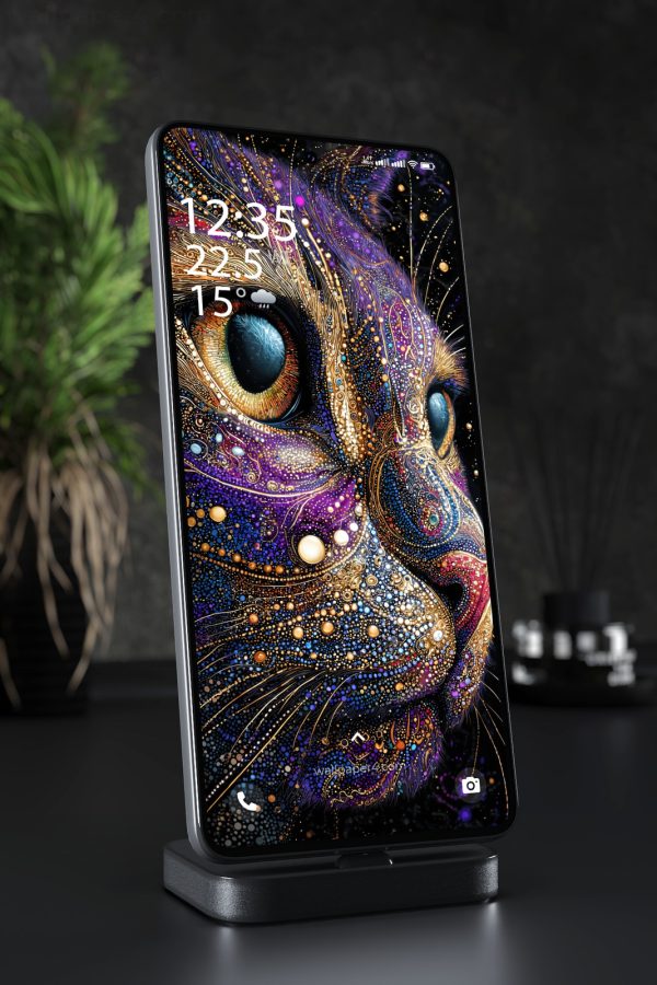 Phone Wallpaper 5129 - Cosmic Golden Cat with Violet Galaxy Details
