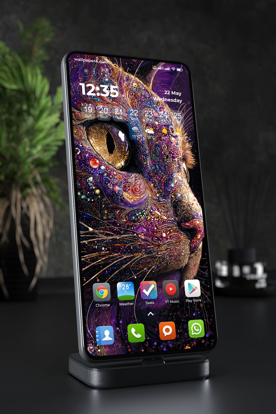 Mobile Wallpaper 5129 - Cosmic Golden Cat with Violet Galaxy Details