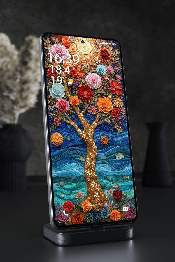 Phone Wallpaper 5151 - Golden Tree of Flowers in a Blue Dreamscape