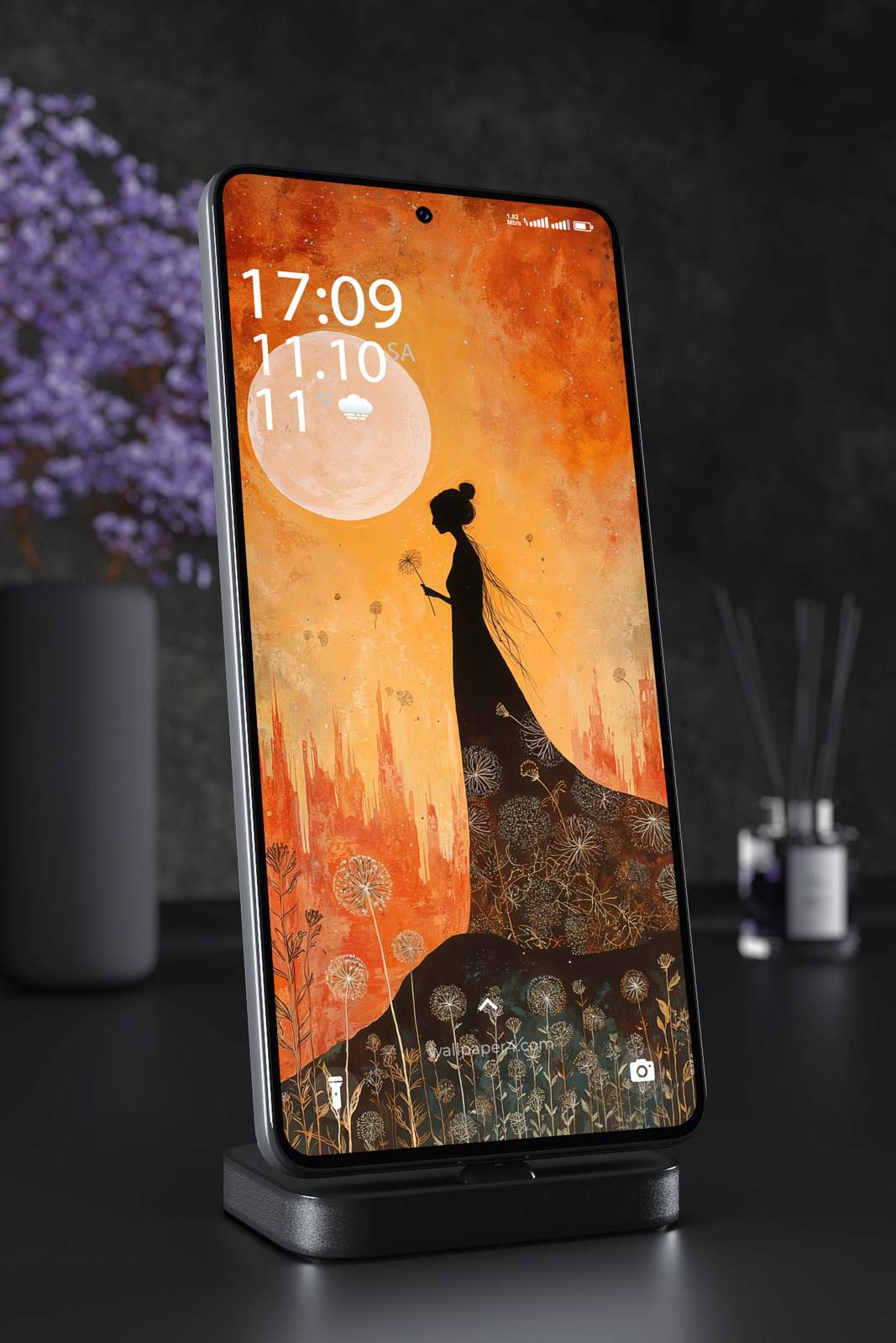 Phone Wallpaper 5155 - Moonlit Woman in an Orange Dandelion Dream
