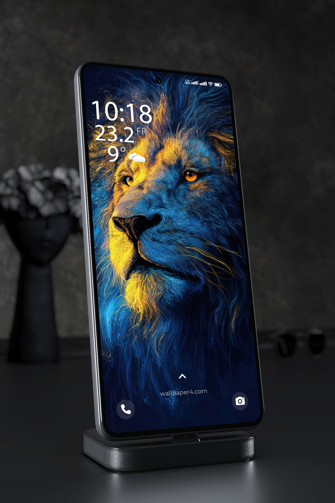 Mobile Wallpaper 5181 - Blue and Gold Lion Portrait in the Darkness