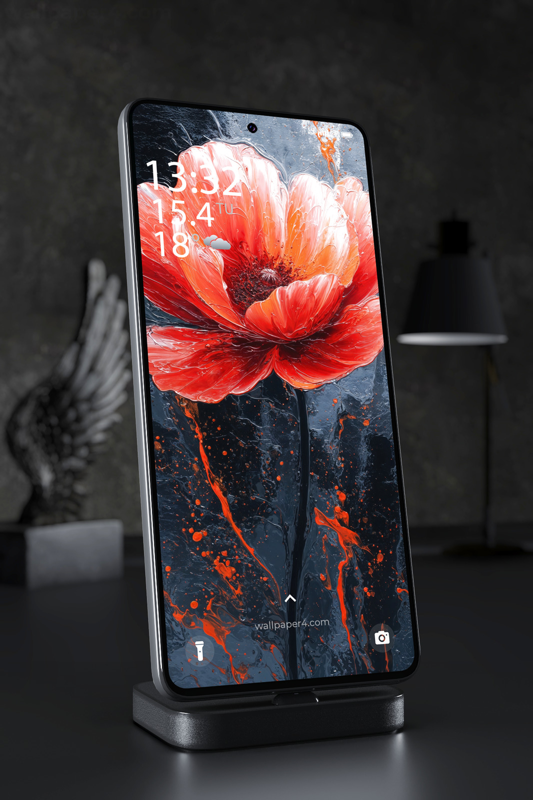 Mobile Wallpaper 5185 - Abstract Red Poppy in Flowing Acrylic Art