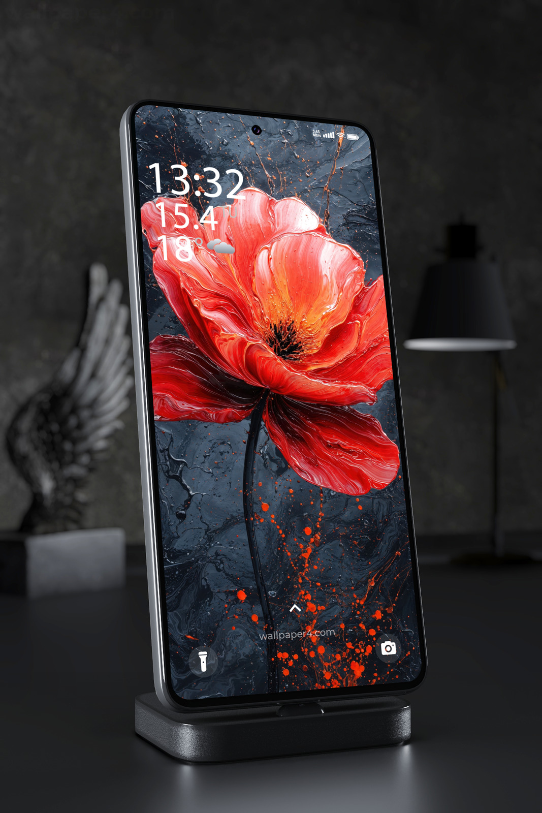 Mobile Wallpaper 5185 - Abstract Red Poppy in Flowing Acrylic Art