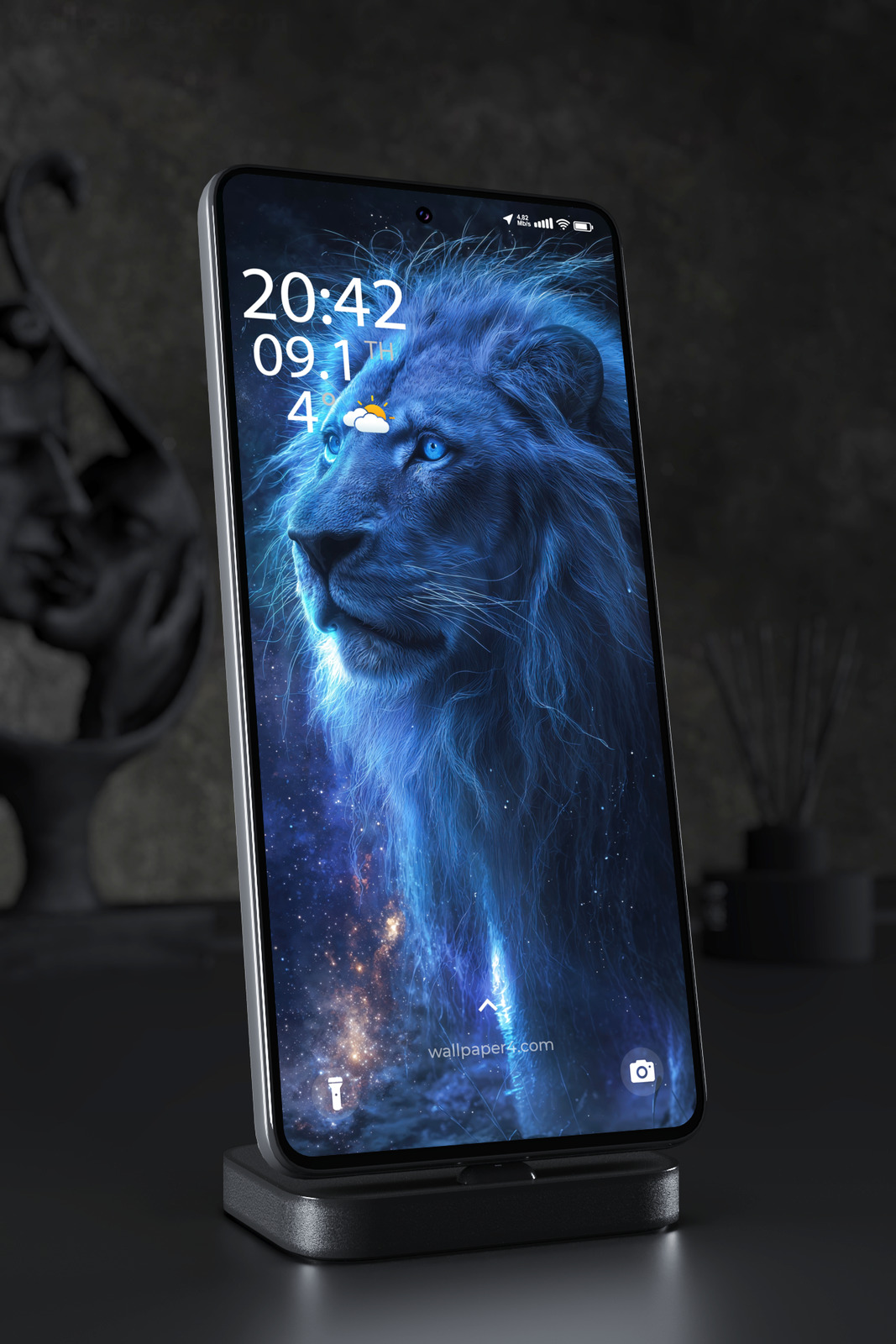 Mobile Wallpaper 5202 - Majestic Blue Lion Beneath a Cosmic Night Sky