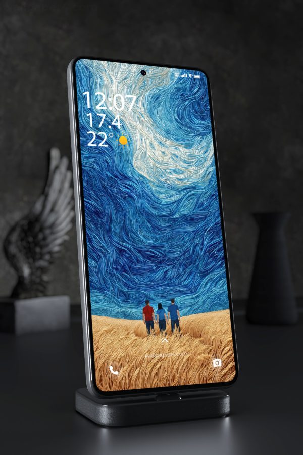 Phone Wallpaper 5243 - Three Wanderers Beneath a Swirling Blue Sky