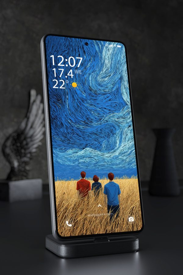 Mobile Wallpaper 5243 - Three Wanderers Beneath a Swirling Blue Sky