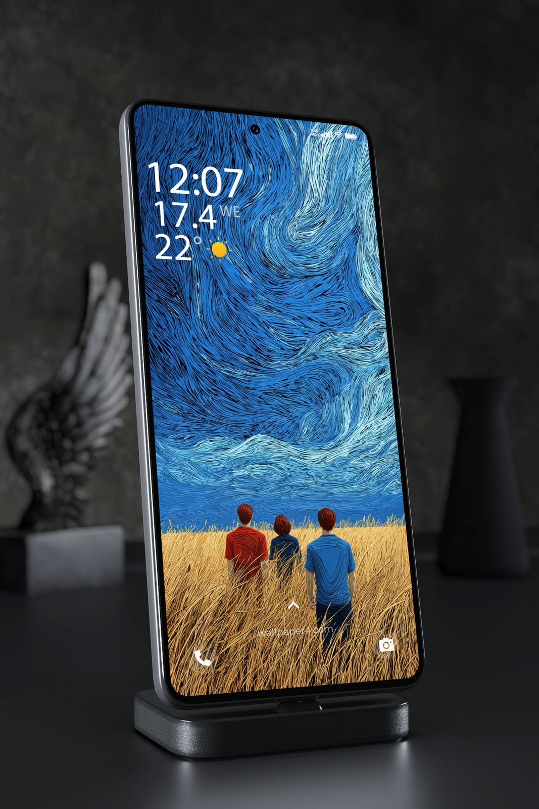 Mobile Wallpaper 5243 - Three Wanderers Beneath a Swirling Blue Sky