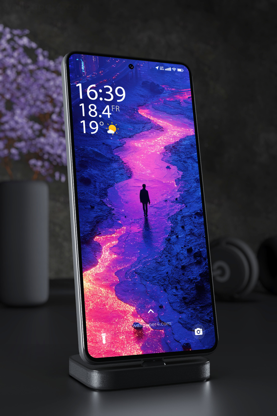 Phone Wallpaper 5256 - Neon River Through a Futuristic Alien Landscape