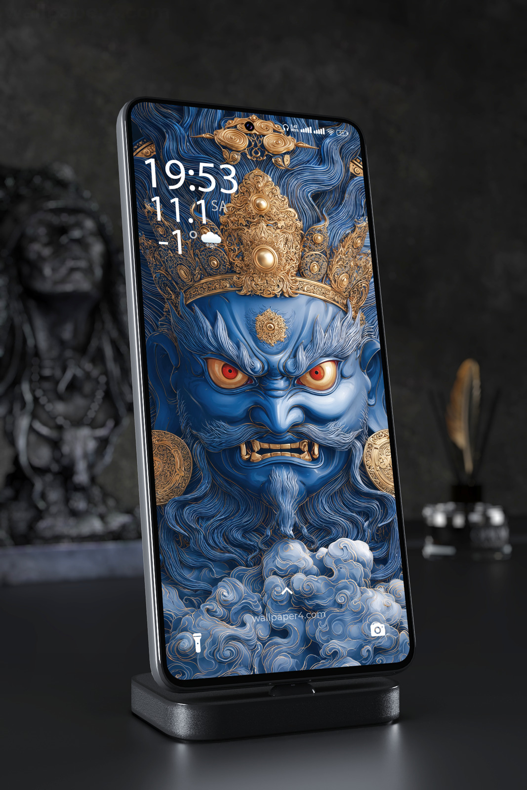 Phone Wallpaper 5276 - Fierce Blue Guardian with Ornate Golden Crown