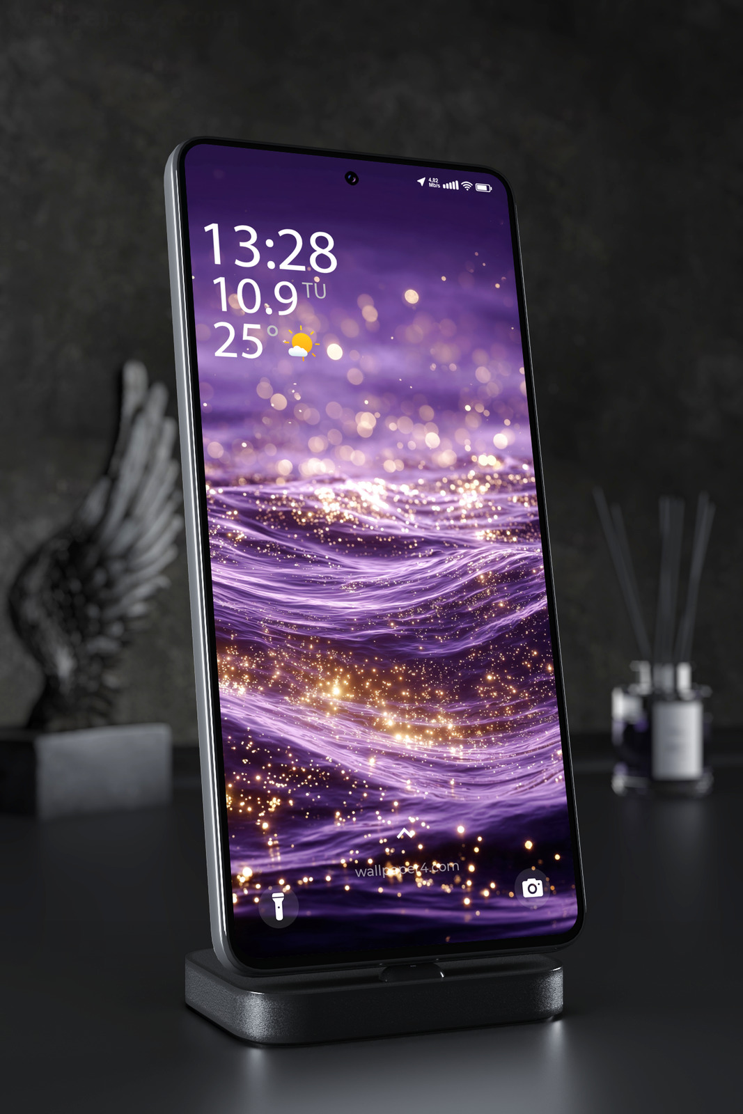 Phone Wallpaper 5291 - Purple Liquid Waves with Golden Sparkles