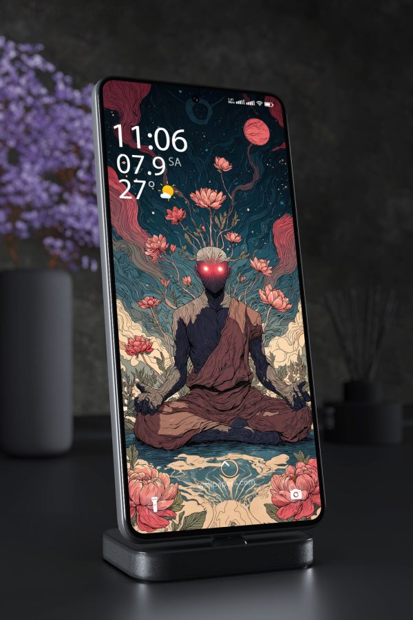 Phone Wallpaper 5304 - Cosmic Meditation with Glowing Red Eyes