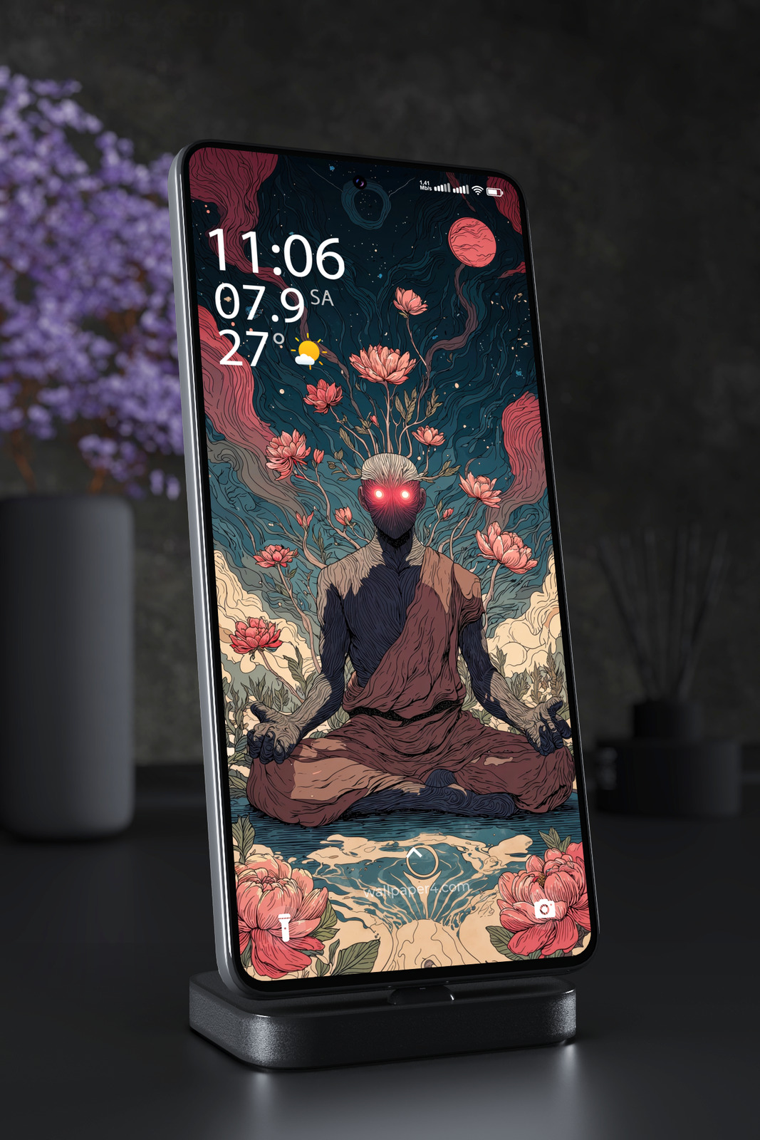 Phone Wallpaper 5304 - Cosmic Meditation with Glowing Red Eyes