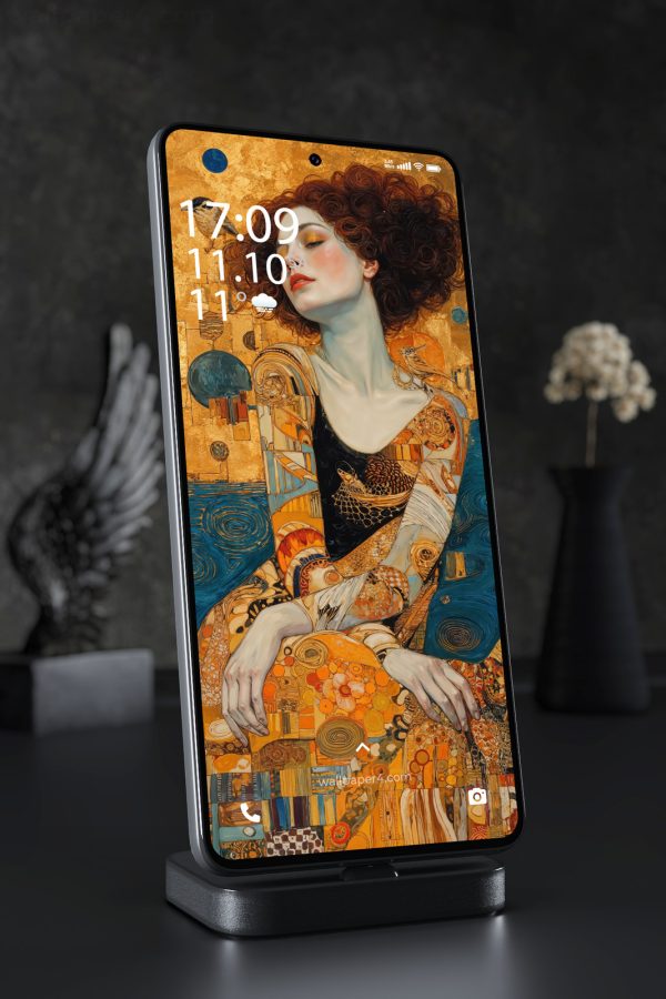 Phone Wallpaper 5337 - Golden Muse with Birds and Abstract Patterns