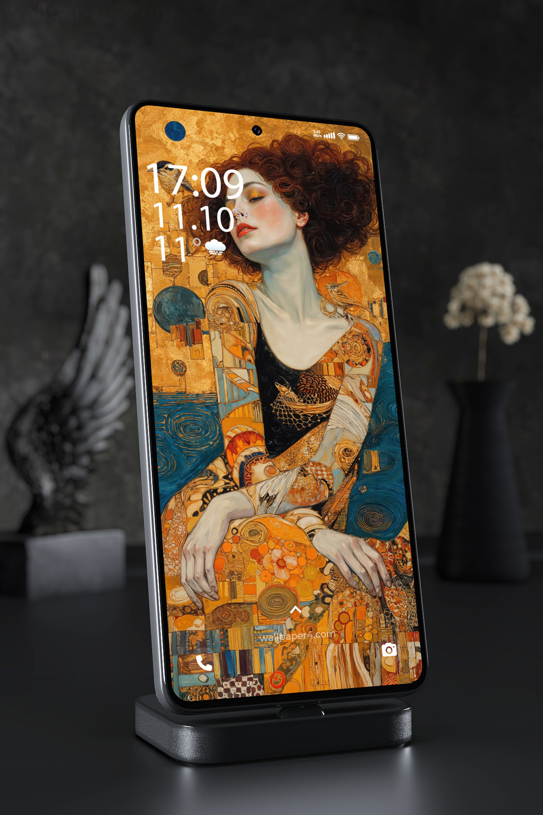 Phone Wallpaper 5337 - Golden Muse with Birds and Abstract Patterns
