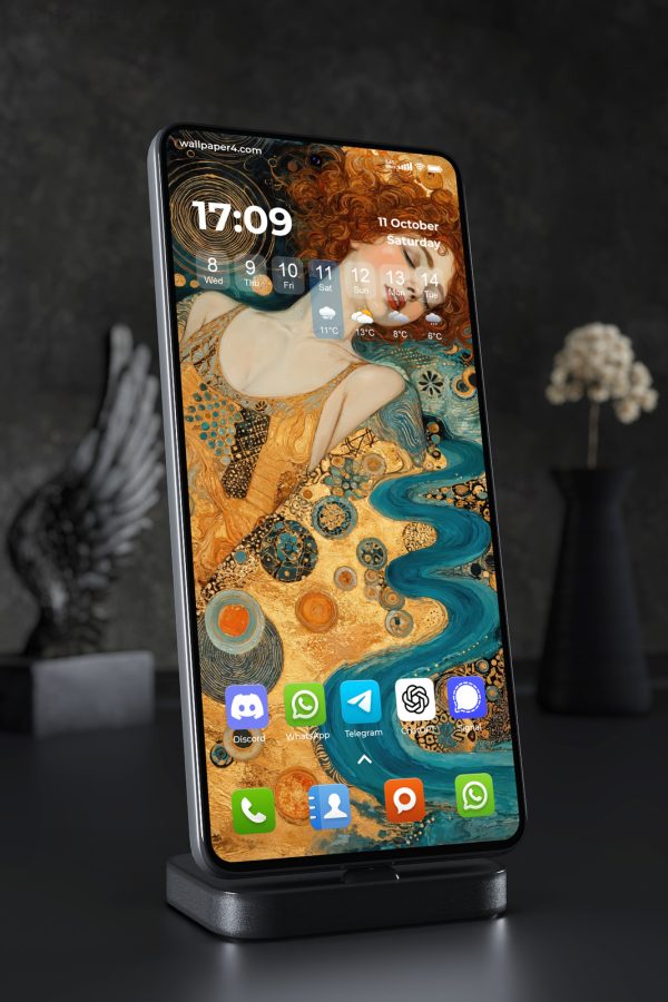 Mobile Wallpaper 5337 - Golden Muse with Birds and Abstract Patterns