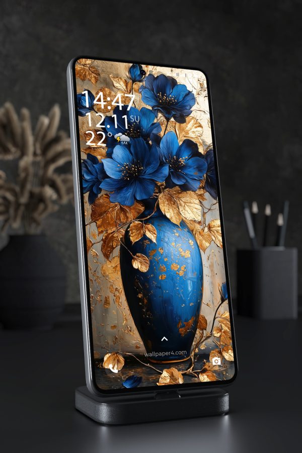 Phone Wallpaper 5476 - Royal Blue Flowers and Golden Leaves