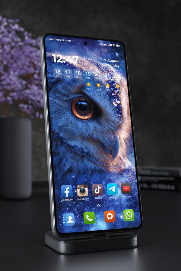 Phone Wallpaper 5485 - Celestial Blue Owl with Crystal Crown