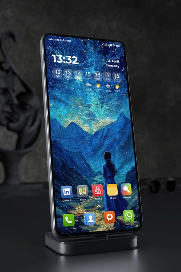 Phone Wallpaper 5488 - Girl Beneath a Starry Blue Mountain Sky