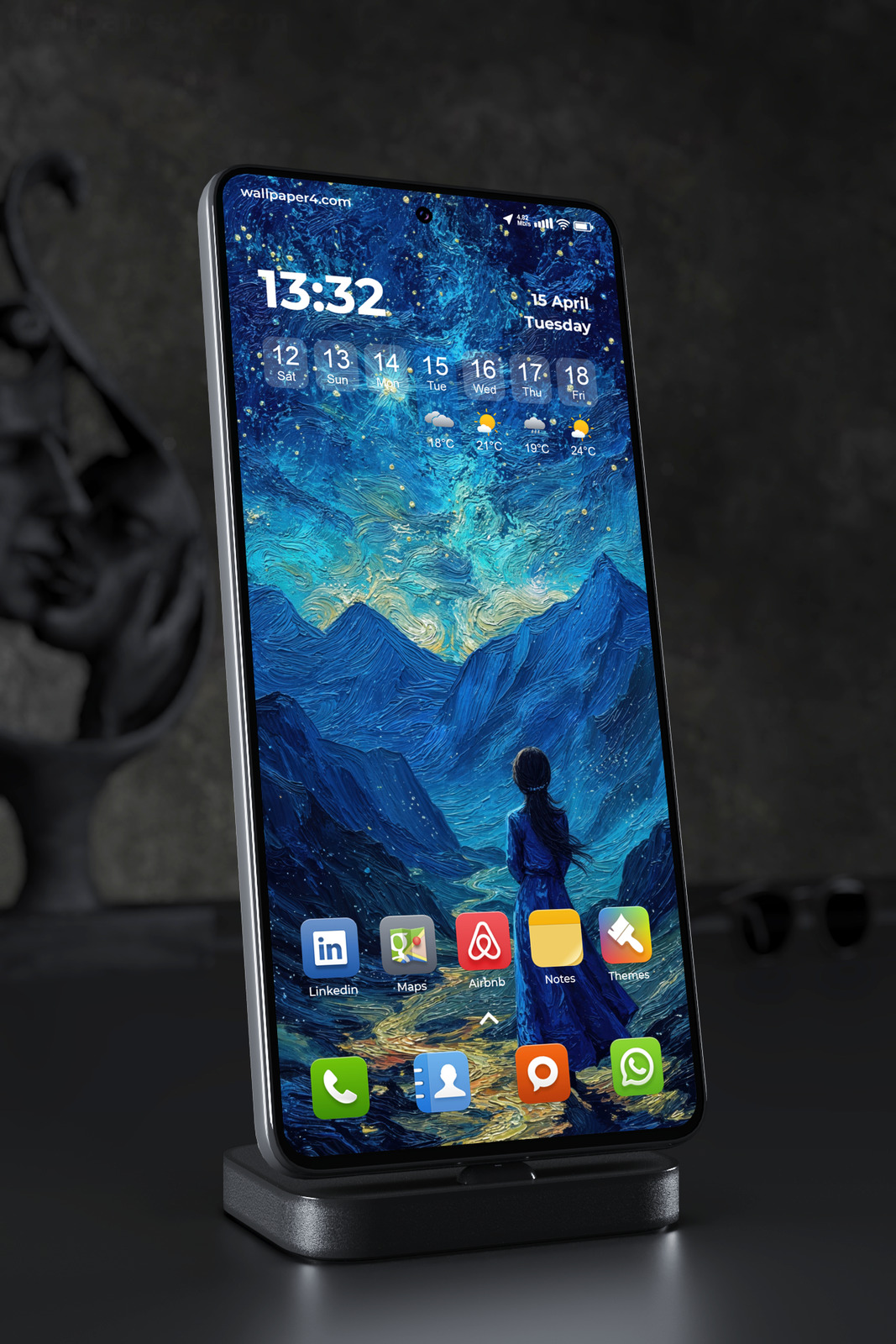 Phone Wallpaper 5488 - Girl Beneath a Starry Blue Mountain Sky