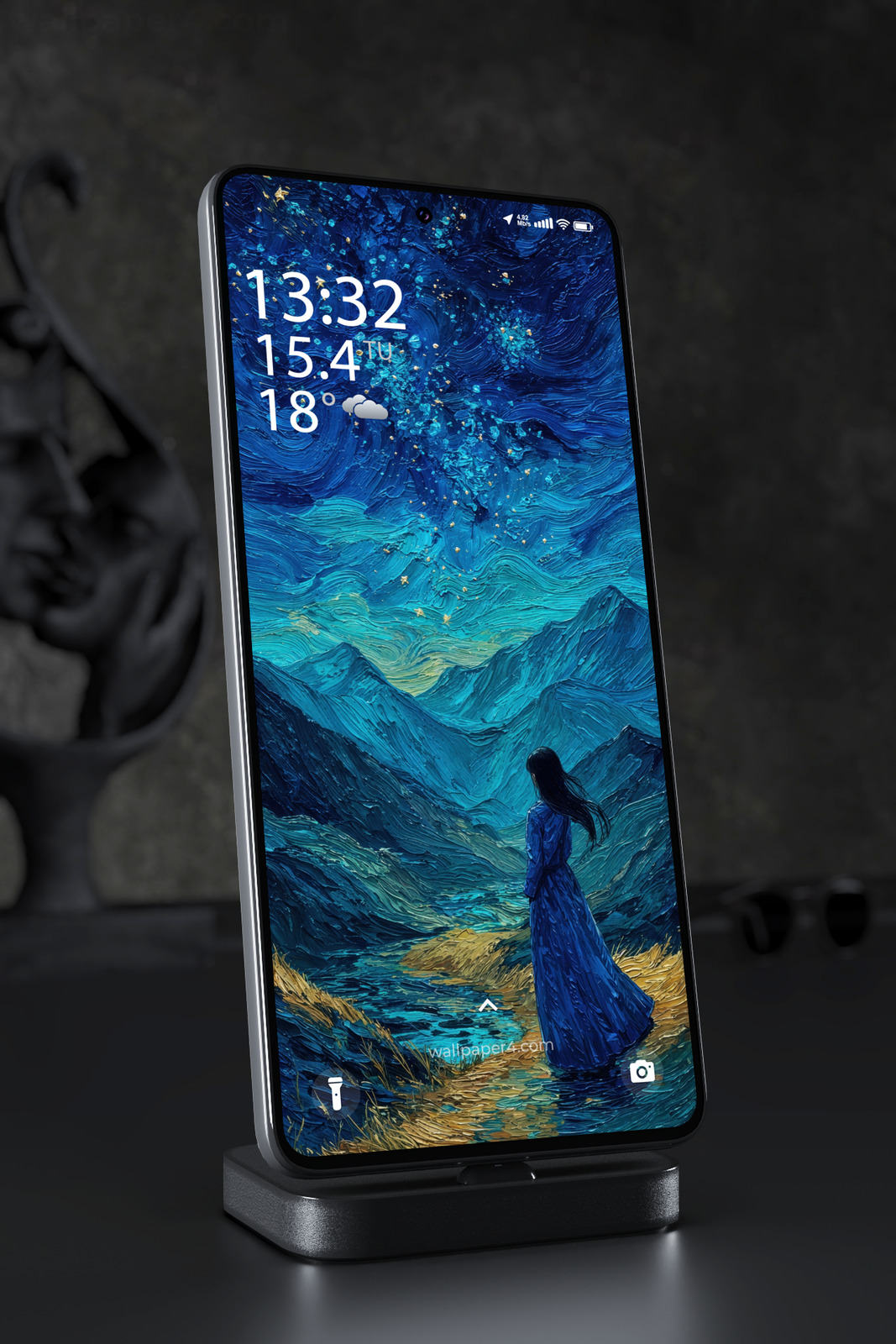 Mobile Wallpaper 5488 - Girl Beneath a Starry Blue Mountain Sky