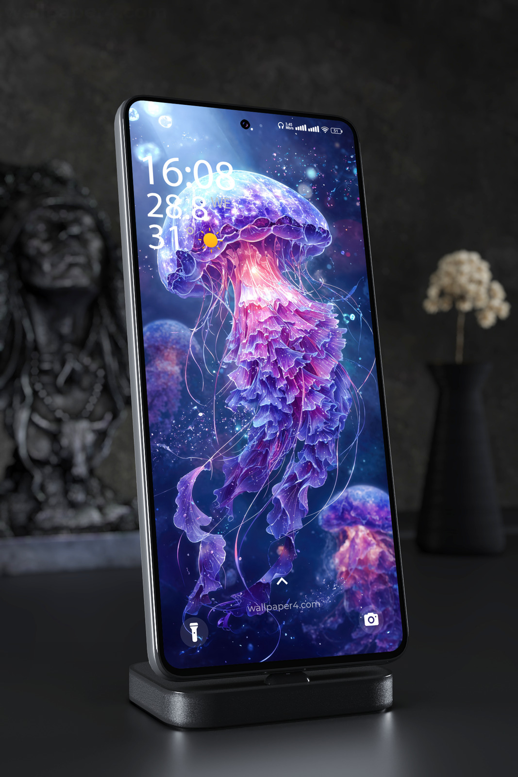 Phone Wallpaper 5503 - Glowing Cosmic Jellyfish in a Purple Ocean