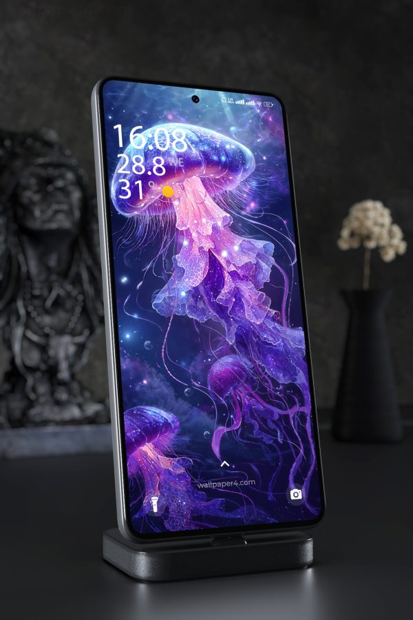 Mobile Wallpaper 5503 - Glowing Cosmic Jellyfish in a Purple Ocean