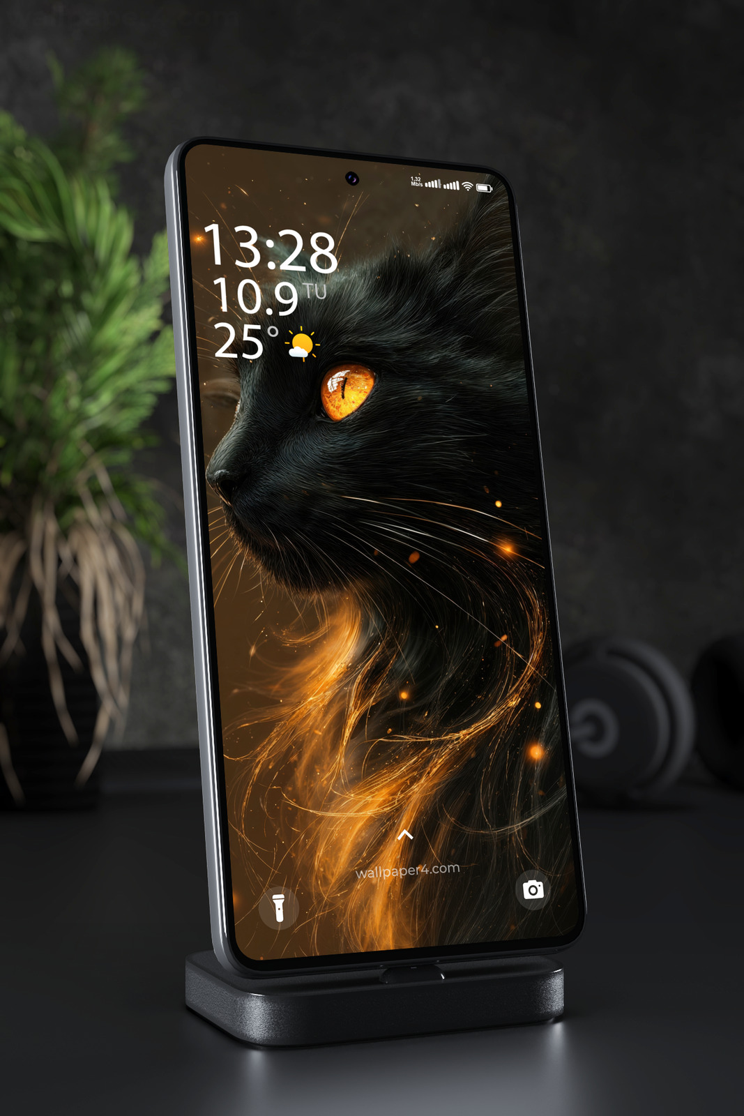Phone Wallpaper 5511 - Mystical Black Cat with Fiery Golden Eyes