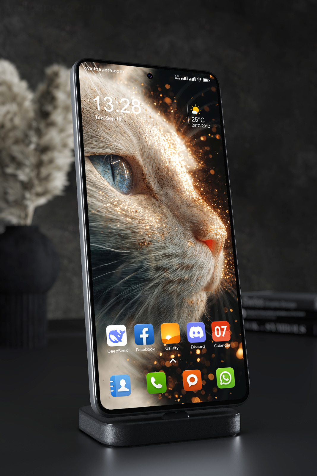 Phone Wallpaper 5529 - White Cat with Blue Eyes and Golden Sparkles