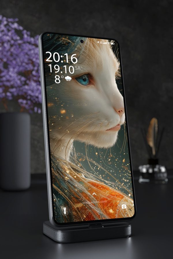Phone Wallpaper 5532 - White Cat with Blue Eye and Golden Sparkles