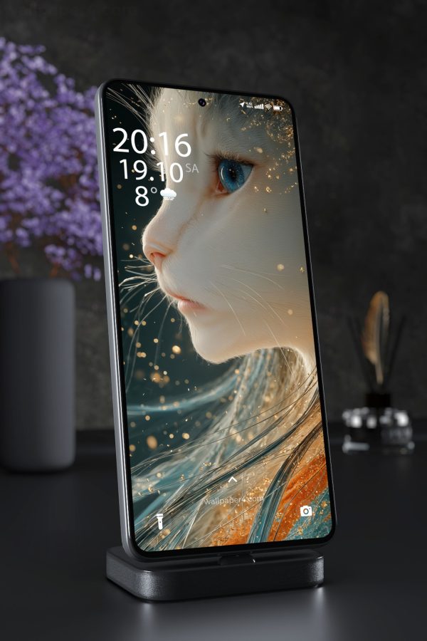 Mobile Wallpaper 5532 - White Cat with Blue Eye and Golden Sparkles