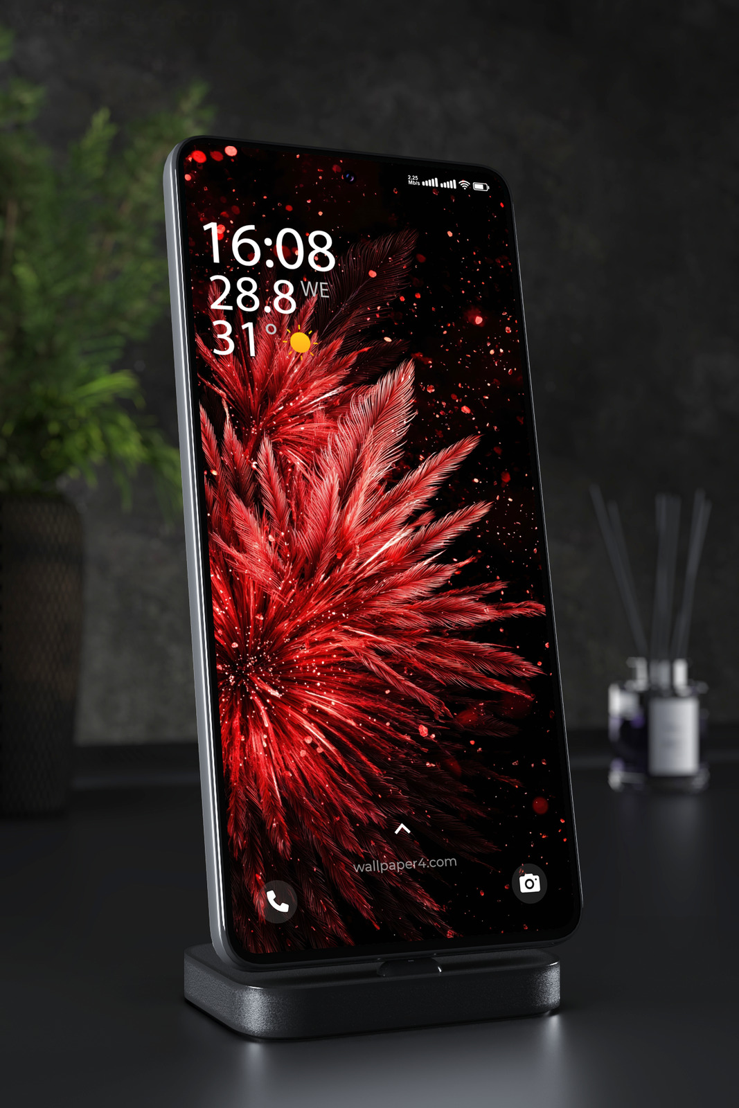 Phone Wallpaper 5544 - Crimson Feather Burst on Black Abstract Art