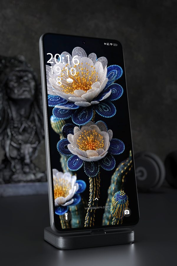 Phone Wallpaper 5551 - Elegant Beaded Flowers in Blue, White and Gold