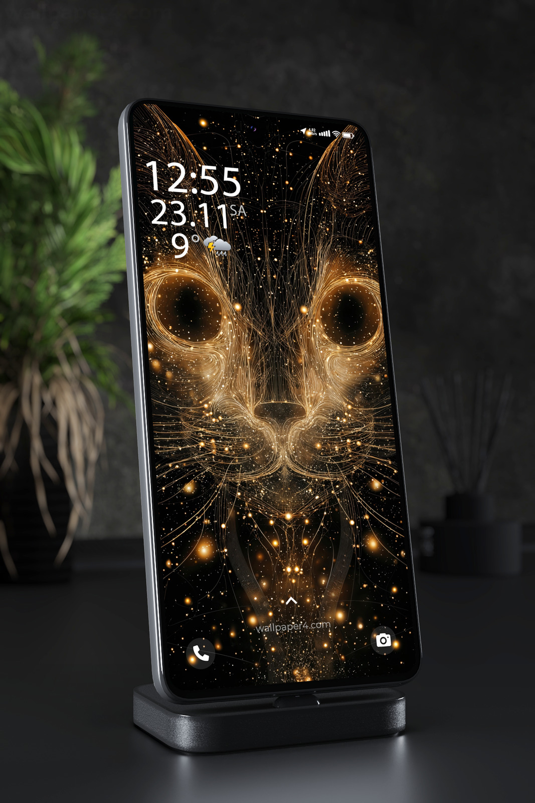 Phone Wallpaper 5555 - Golden Cosmic Cat with Glowing Energy