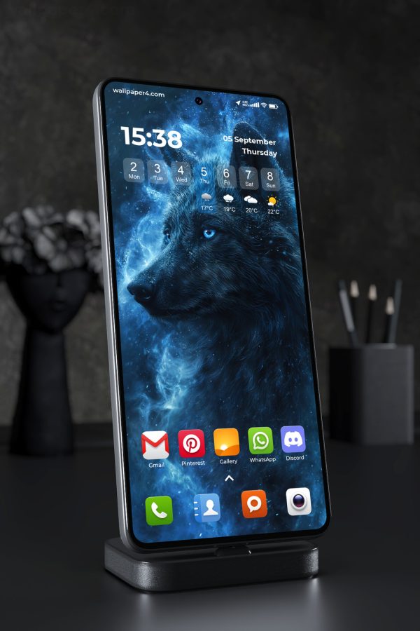 Phone Wallpaper 5563 - Mystical Black Wolf with Glowing Blue Eyes