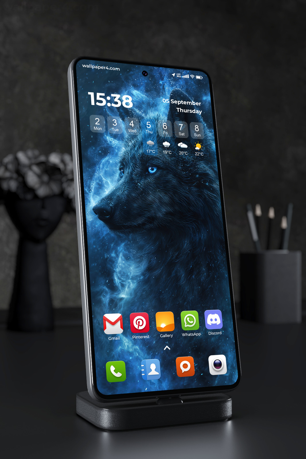 Phone Wallpaper 5563 - Mystical Black Wolf with Glowing Blue Eyes