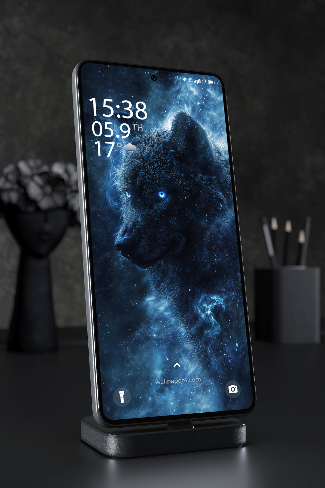 Mobile Wallpaper 5563 - Mystical Black Wolf with Glowing Blue Eyes