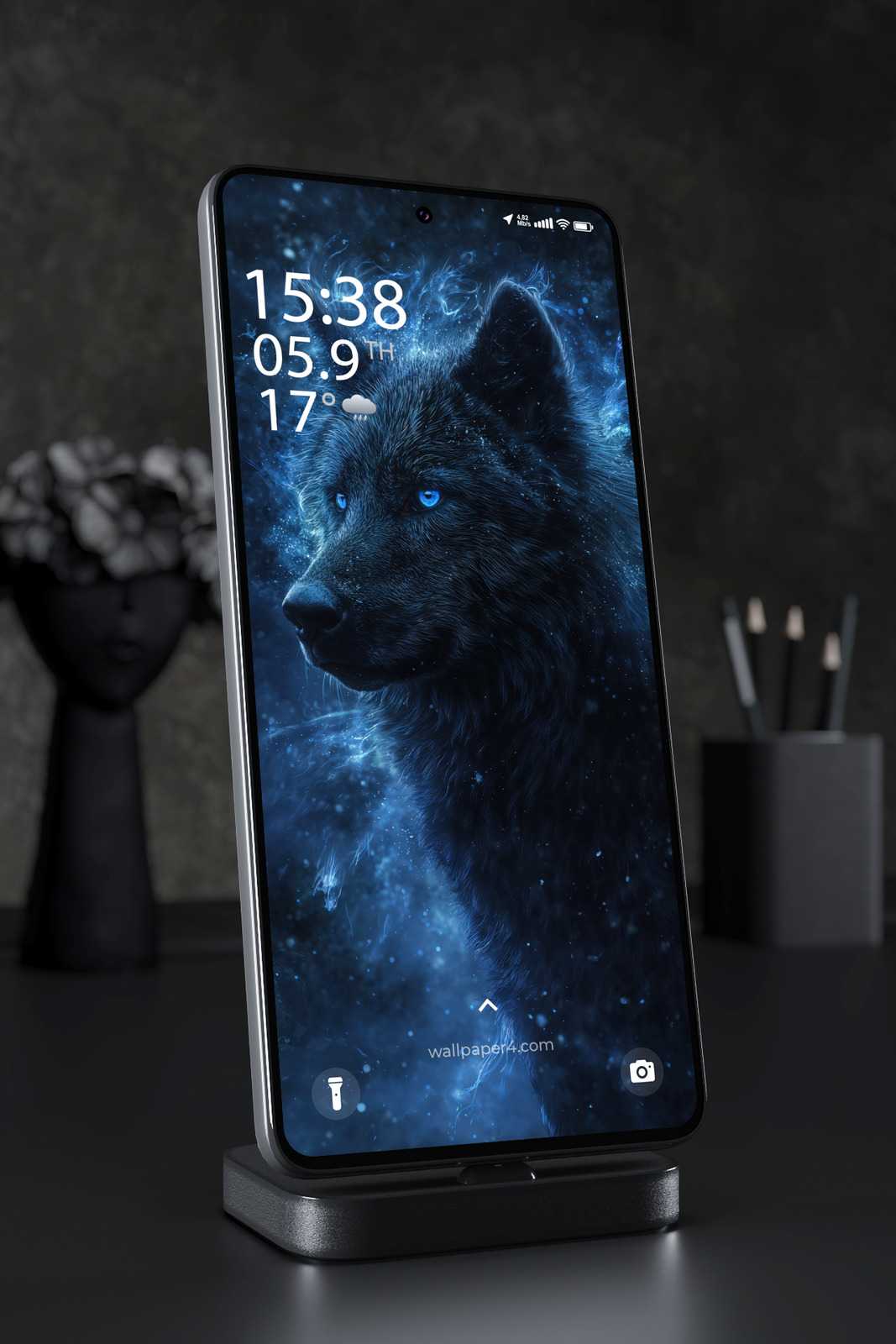 Mobile Wallpaper 5563 - Mystical Black Wolf with Glowing Blue Eyes