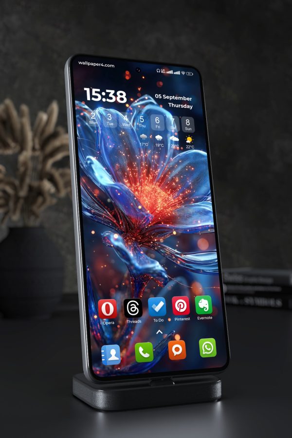 Phone Wallpaper 5572 - Glowing Blue Glass Flower with Fiery Light
