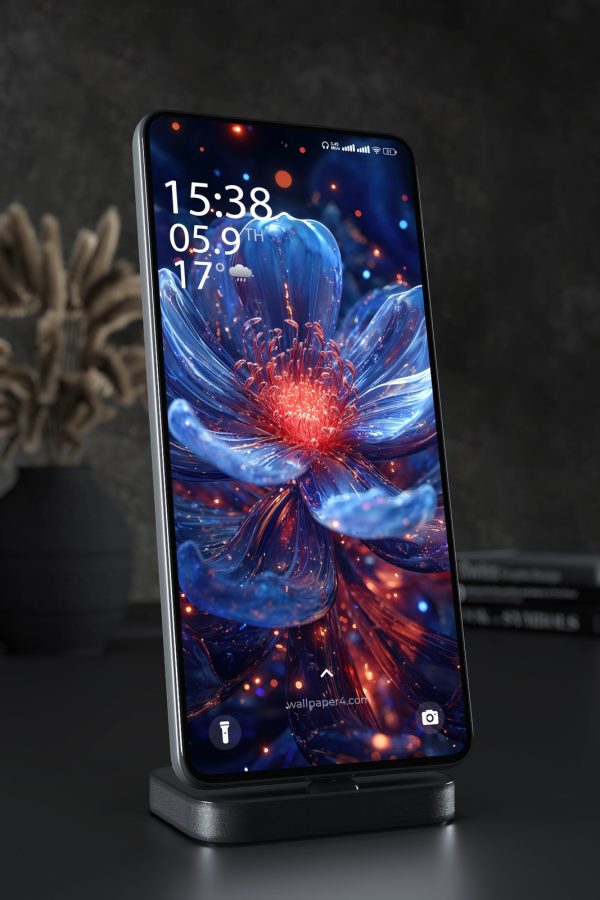 Mobile Wallpaper 5572 - Glowing Blue Glass Flower with Fiery Light
