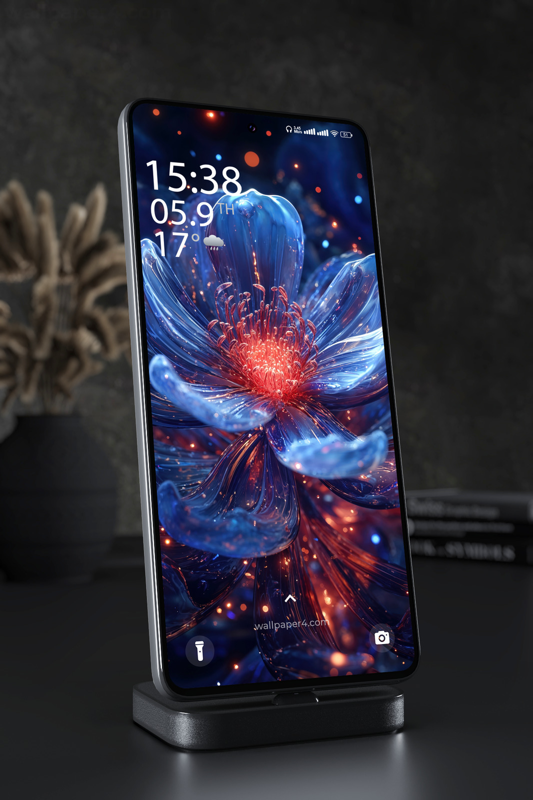 Mobile Wallpaper 5572 - Glowing Blue Glass Flower with Fiery Light
