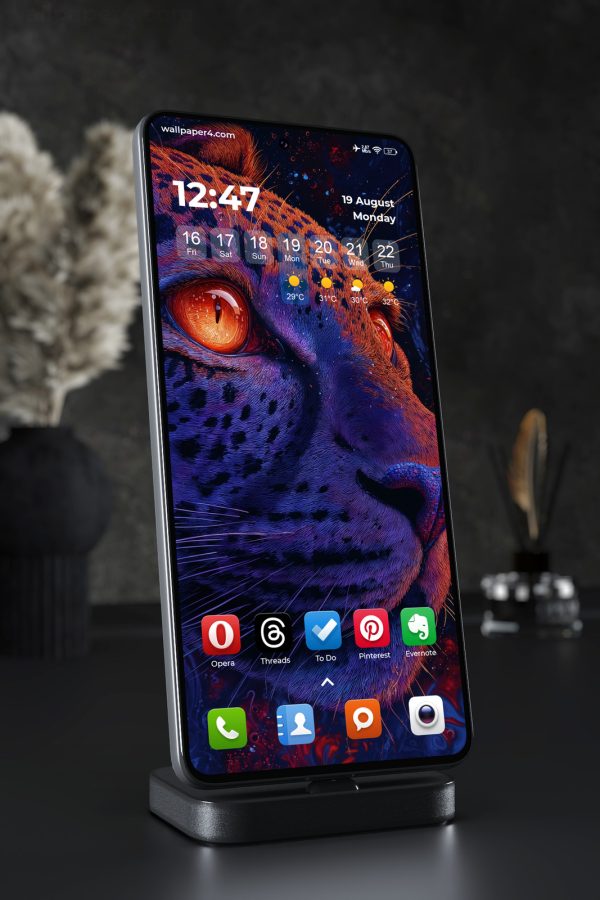Phone Wallpaper 5575 - Neon Leopard Portrait with Fiery Orange Eyes