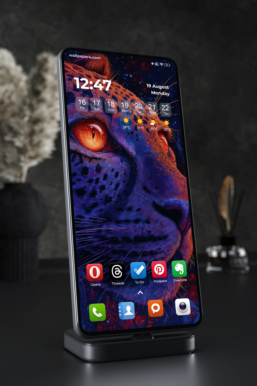Phone Wallpaper 5575 - Neon Leopard Portrait with Fiery Orange Eyes