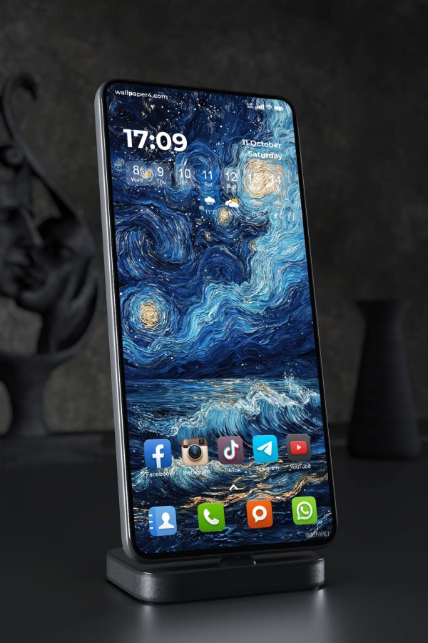 Phone Wallpaper 5582 - Starry Night Ocean Waves in Blue and Gold