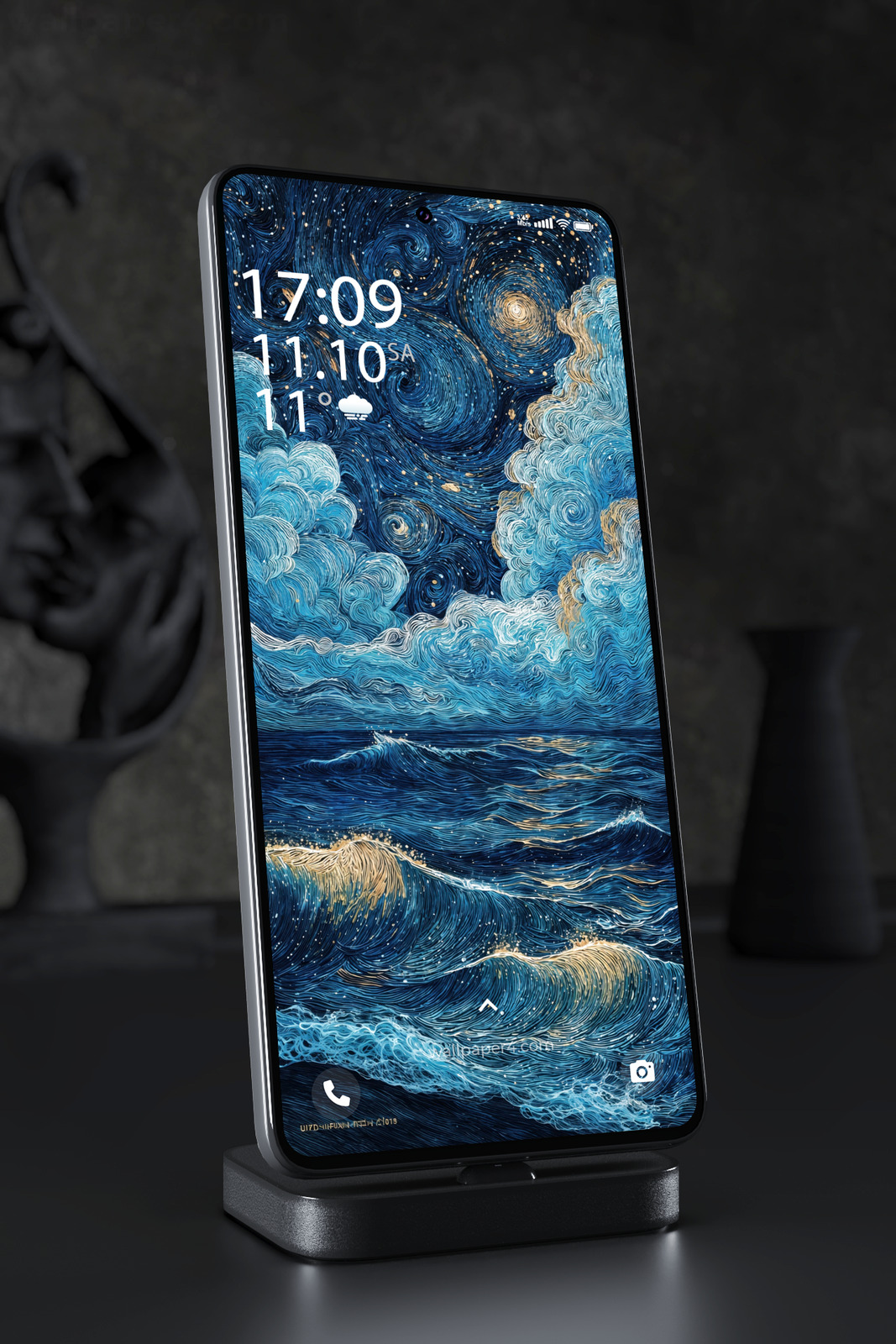 Mobile Wallpaper 5582 - Starry Night Ocean Waves in Blue and Gold