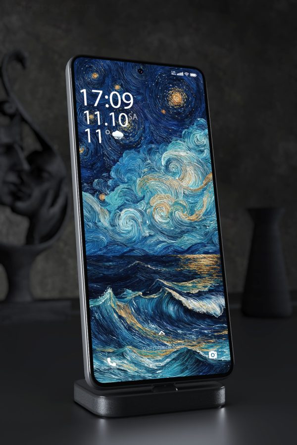 Mobile Wallpaper 5582 - Starry Night Ocean Waves in Blue and Gold