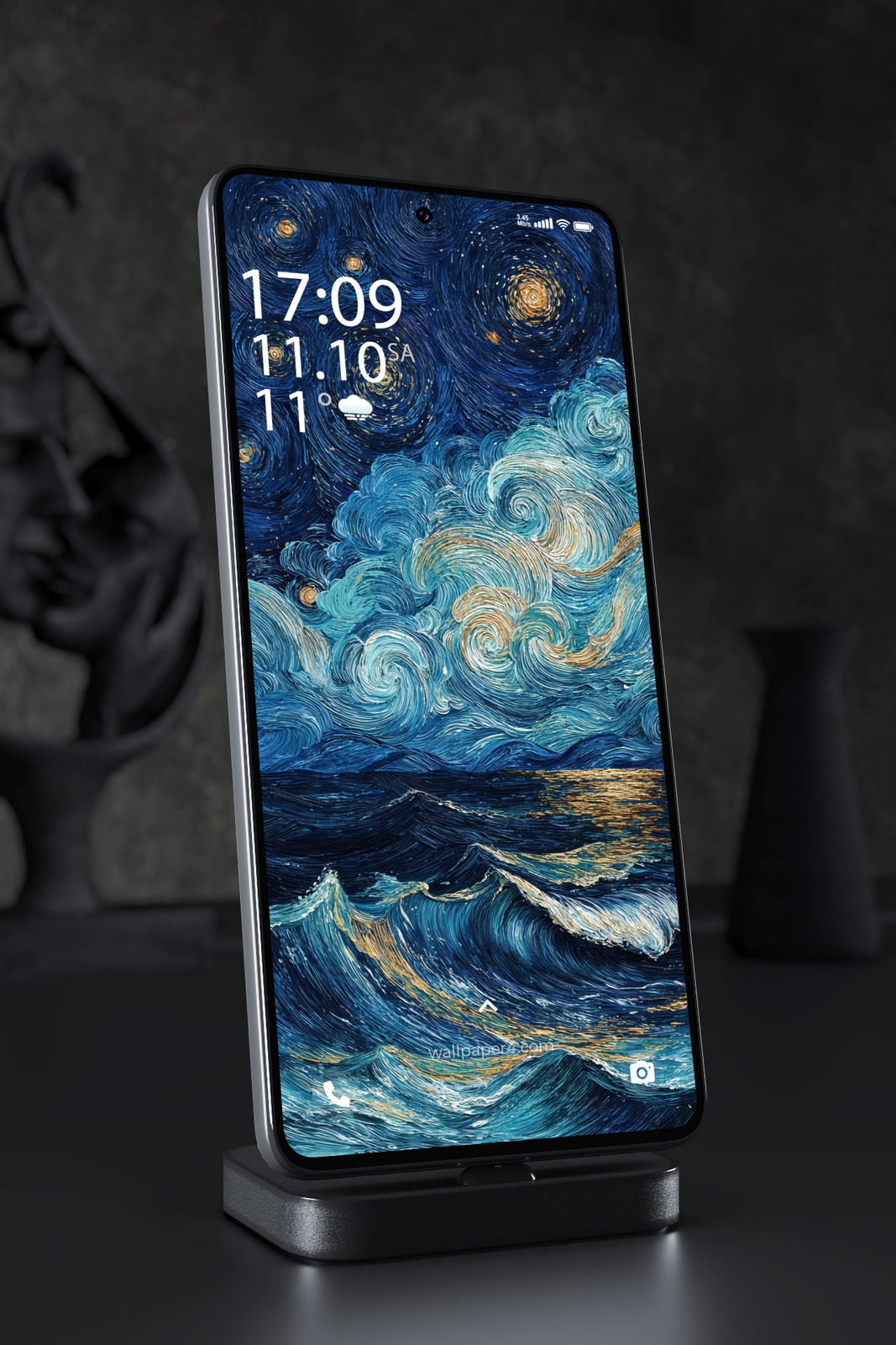 Mobile Wallpaper 5582 - Starry Night Ocean Waves in Blue and Gold
