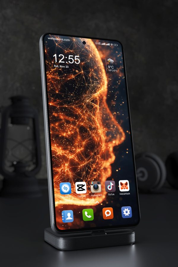 Phone Wallpaper 5590 - Glowing Digital Human Face in Fiery Orange