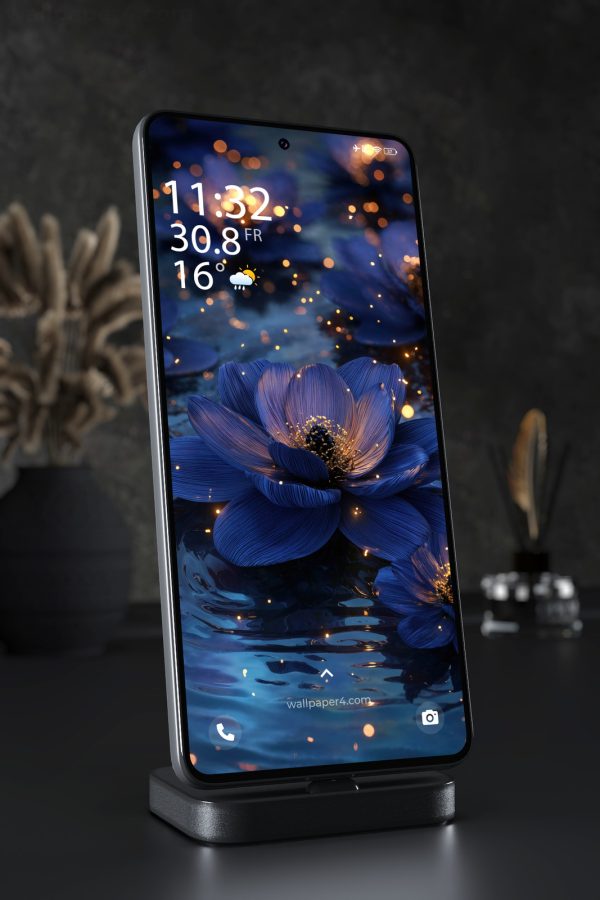 Phone Wallpaper 5611 - Glowing Blue Flower with Golden Butterflies