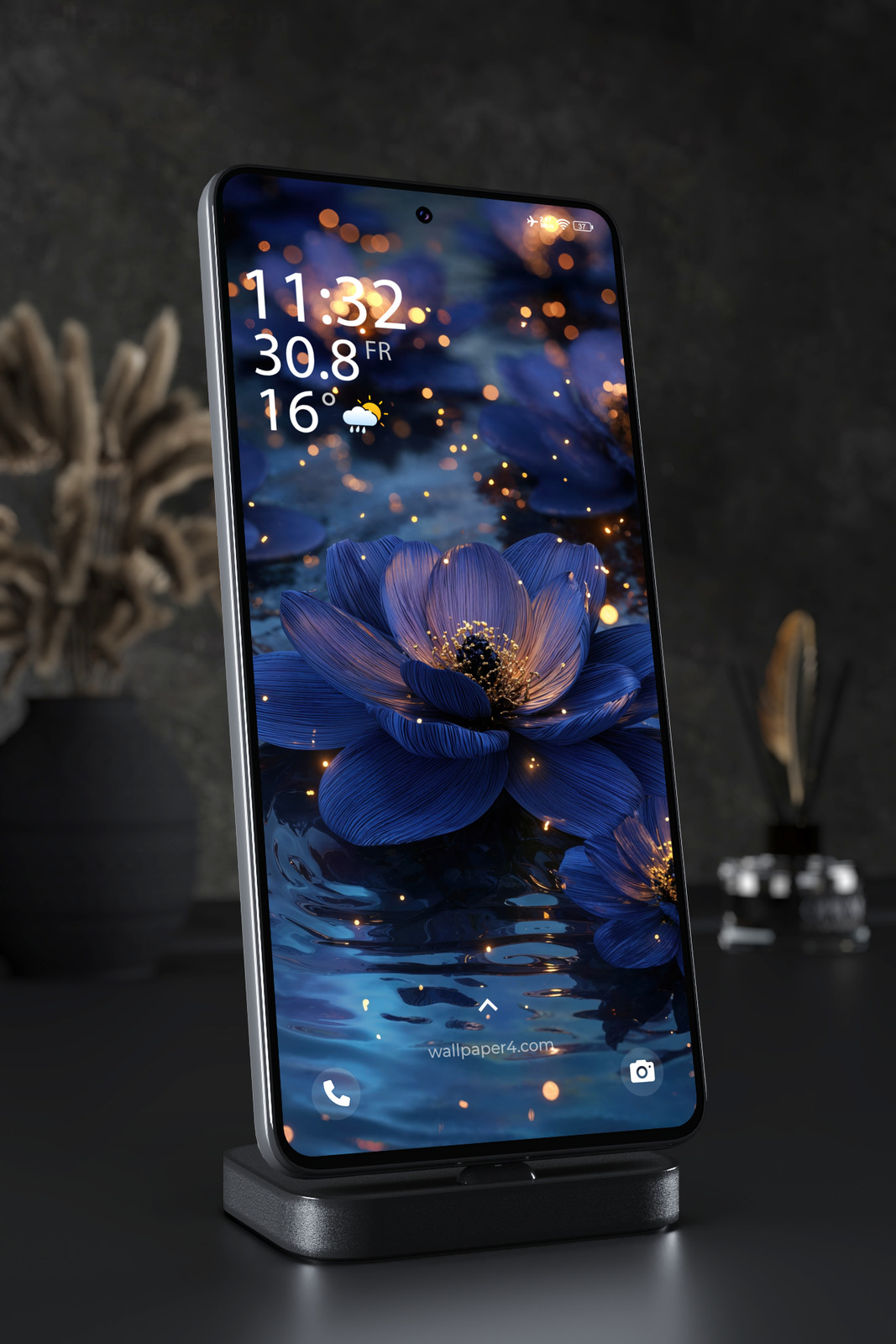 Phone Wallpaper 5611 - Glowing Blue Flower with Golden Butterflies